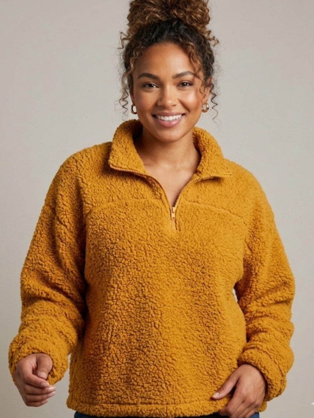 Zenana Mustard Yellow Sherpa Pullover Quarter Zip Fleece Jacket XL